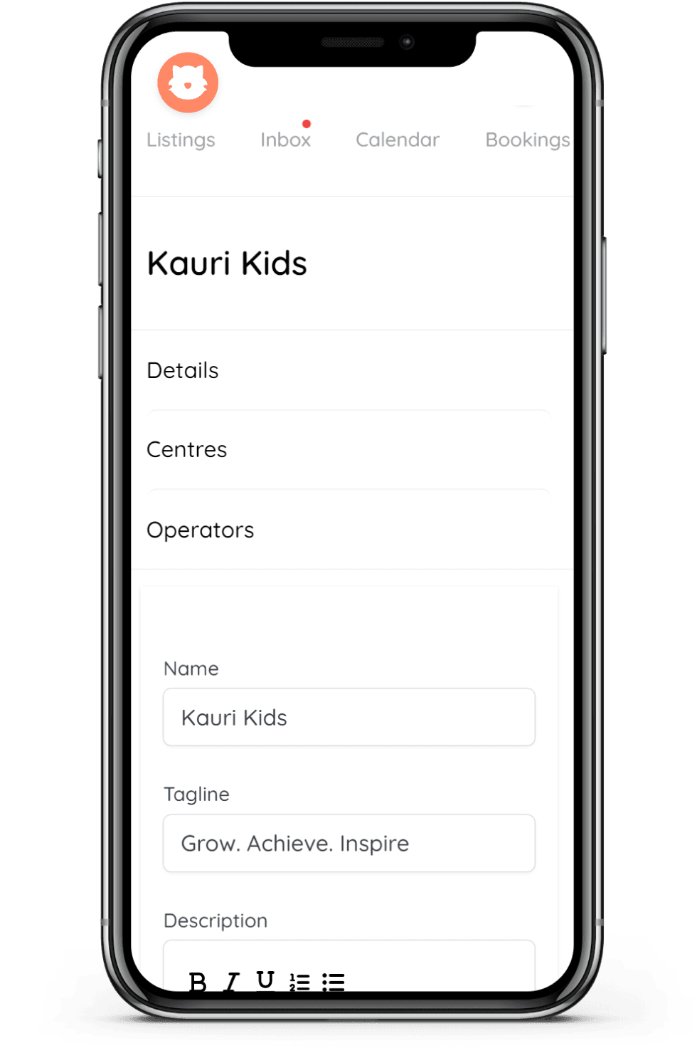 Operator centre details page